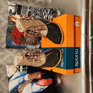 Pink/Brown Sporto rain boots with box